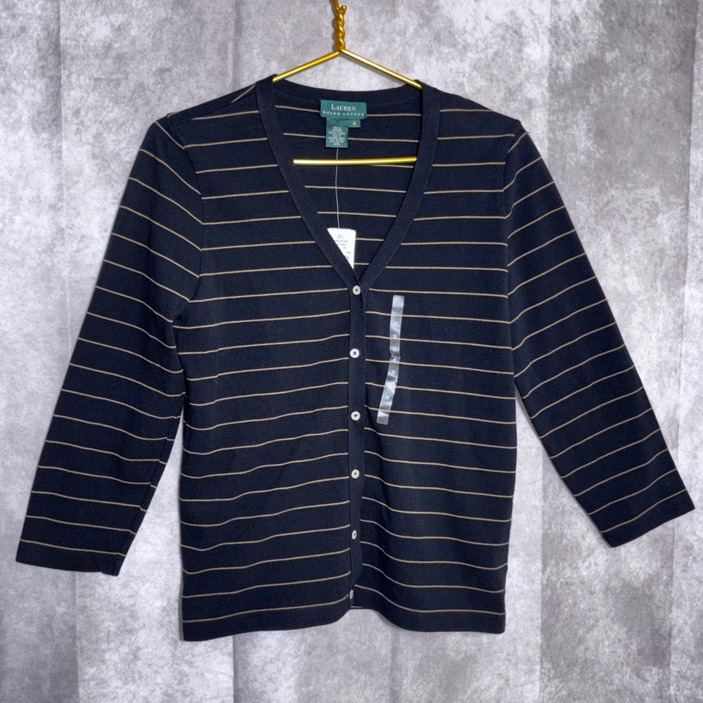 NWT Lauren Ralph Lauren Cardigan Women Size M Black Tan Striped Button Preppy